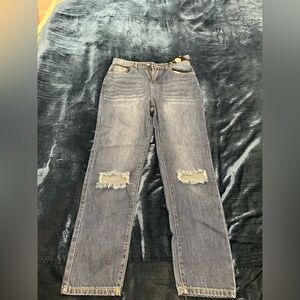 Boohoo High Rise Straight Leg Jeans With Busted Knee MD Blue